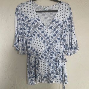 blue & white print blouse